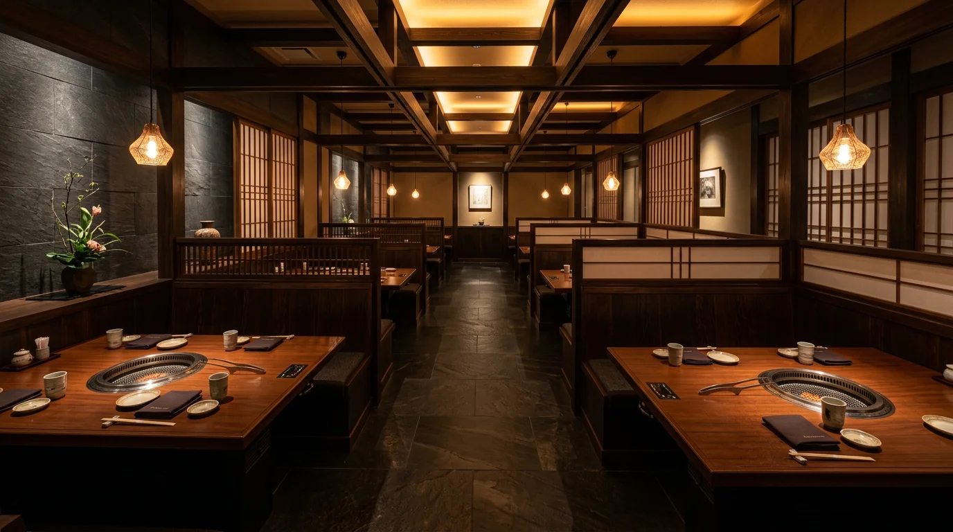 掘りごたつ席とテーブル席が並ぶ焼肉店の店内全景