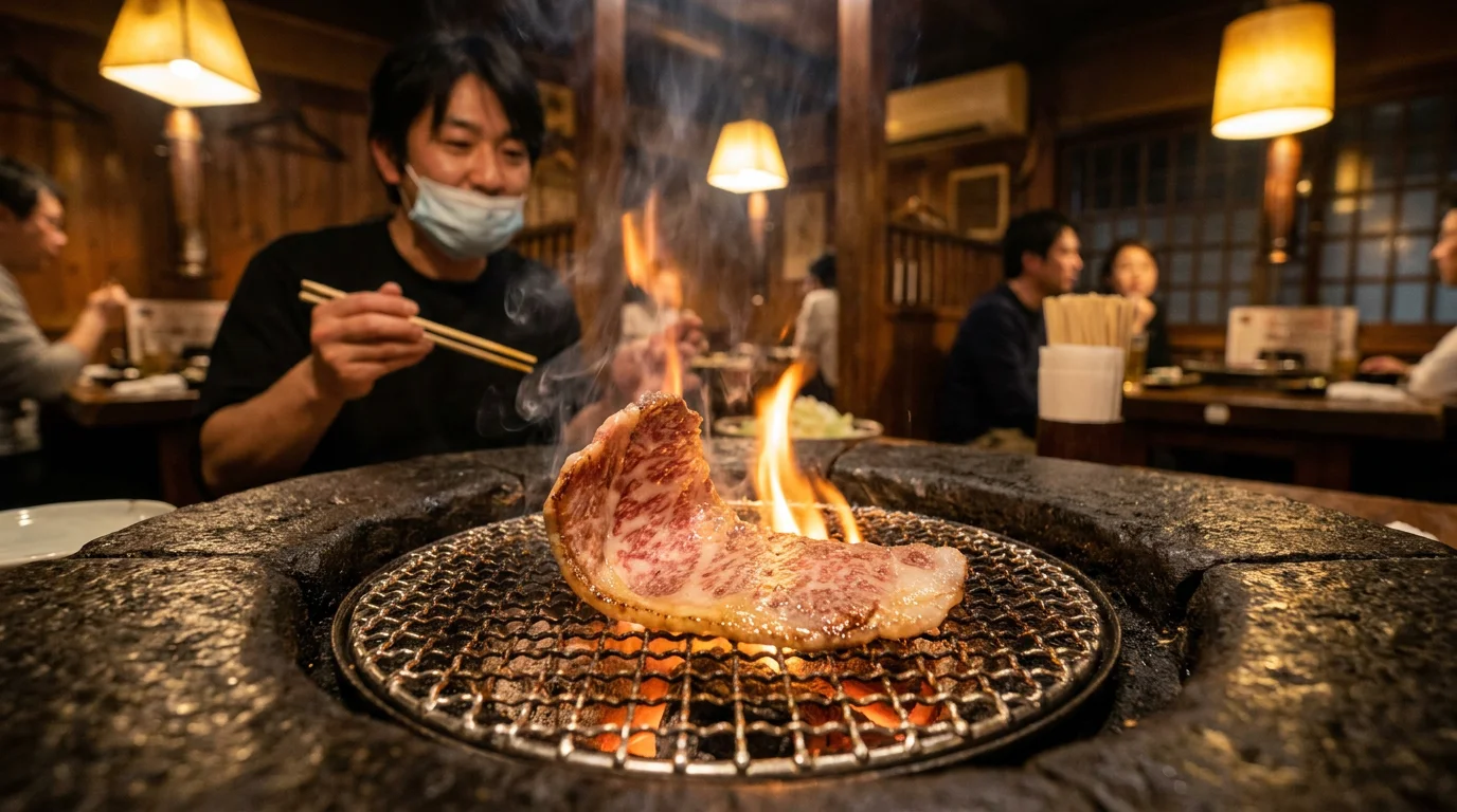 炭火の網の上で焼き目がついた和牛の肉