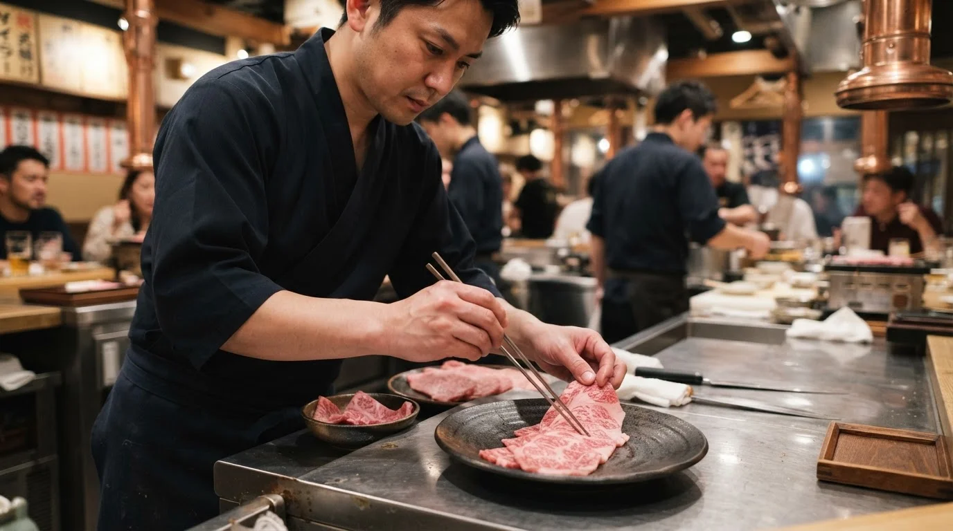 調理場で焼肉用の和牛を一枚ずつ丁寧に仕込む手元