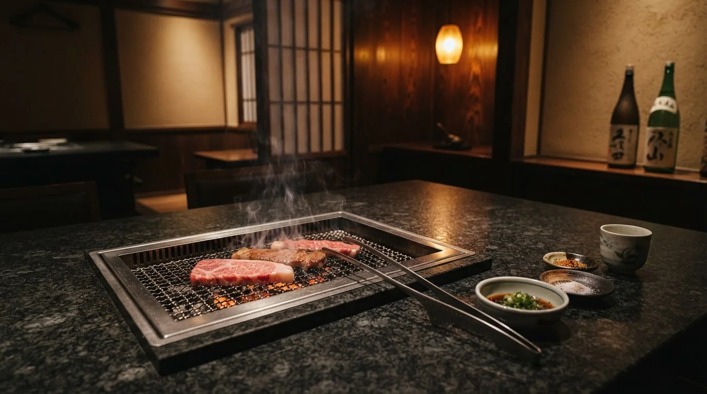 炭火焼肉 舎人の店内、焼き網の炭火が赤く灯る様子