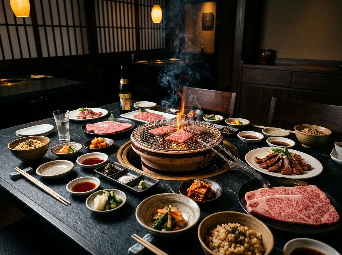 焼肉料理と飲み物が並ぶテーブルを斜めから撮影した様子